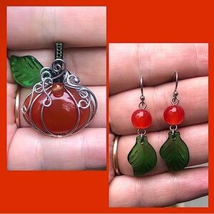 Whimsical Wire Wrapped Onyx Pumpkin Agate Pendant Necklace Earrings Set